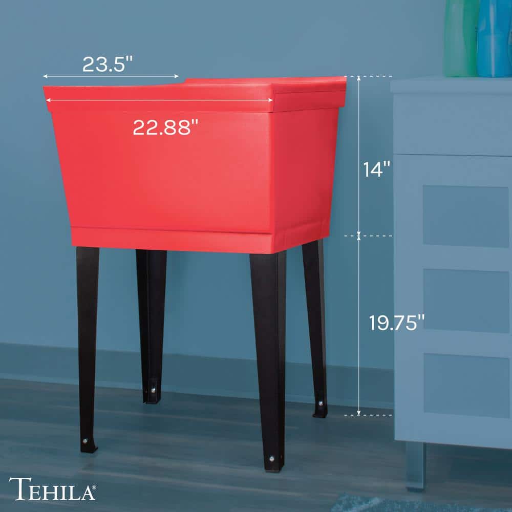 TEHILA 22.875 in. x 23.5 in. Thermoplastic Freestanding Red Utility Sink Set with Adjustable Legs