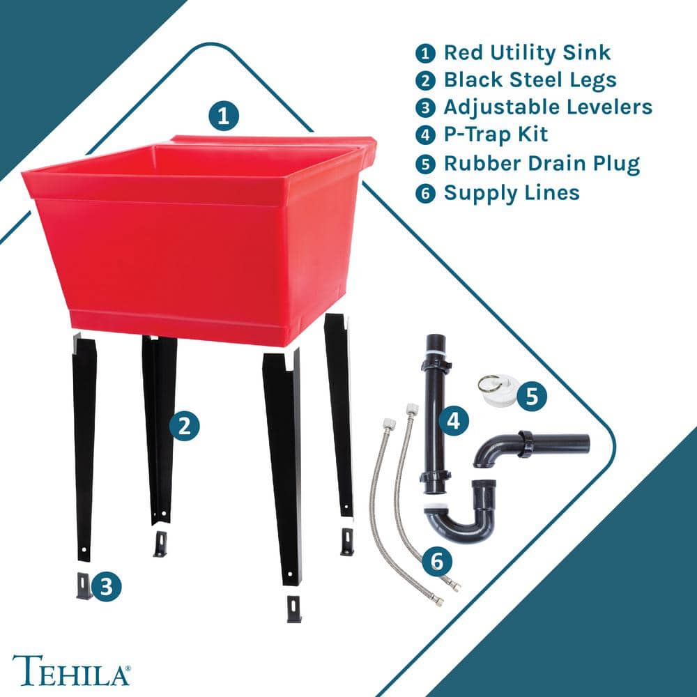 TEHILA 22.875 in. x 23.5 in. Thermoplastic Freestanding Red Utility Sink Set with Adjustable Legs