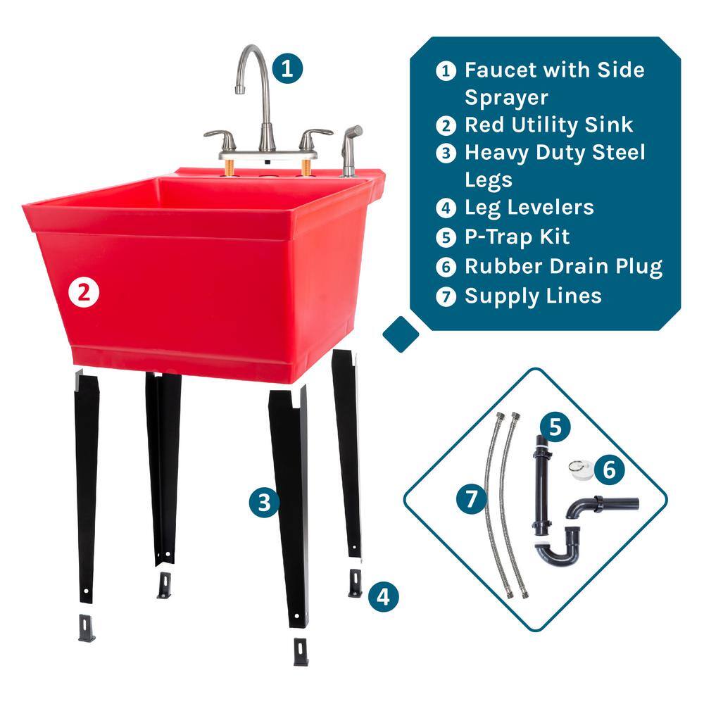 TEHILA Red Thermoplastic Freestanding Utility Sink Set with Stainless Steel Faucet