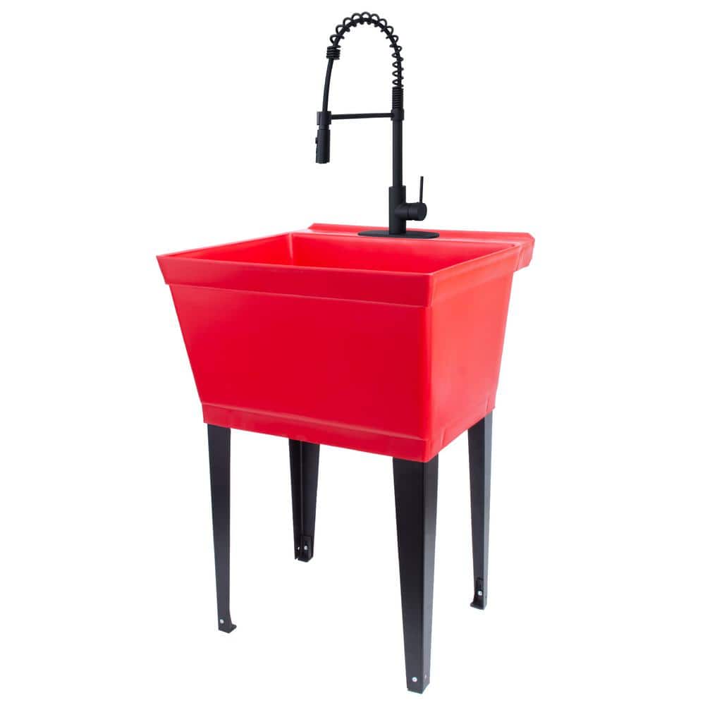 TEHILA Thermoplastic Red Utility Sink Set with Black Pull-Down Faucet