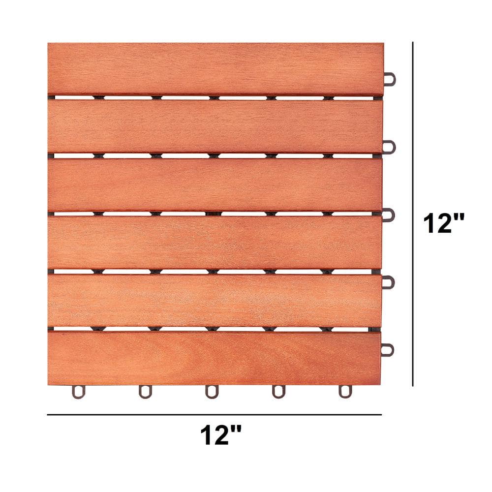 GOGEXX 12 in. x 12 in. Square Eucalyptus Stripe Interlocking Flooring Garage Wooden Deck Tiles Reddish Brown Patio(Set of 10)