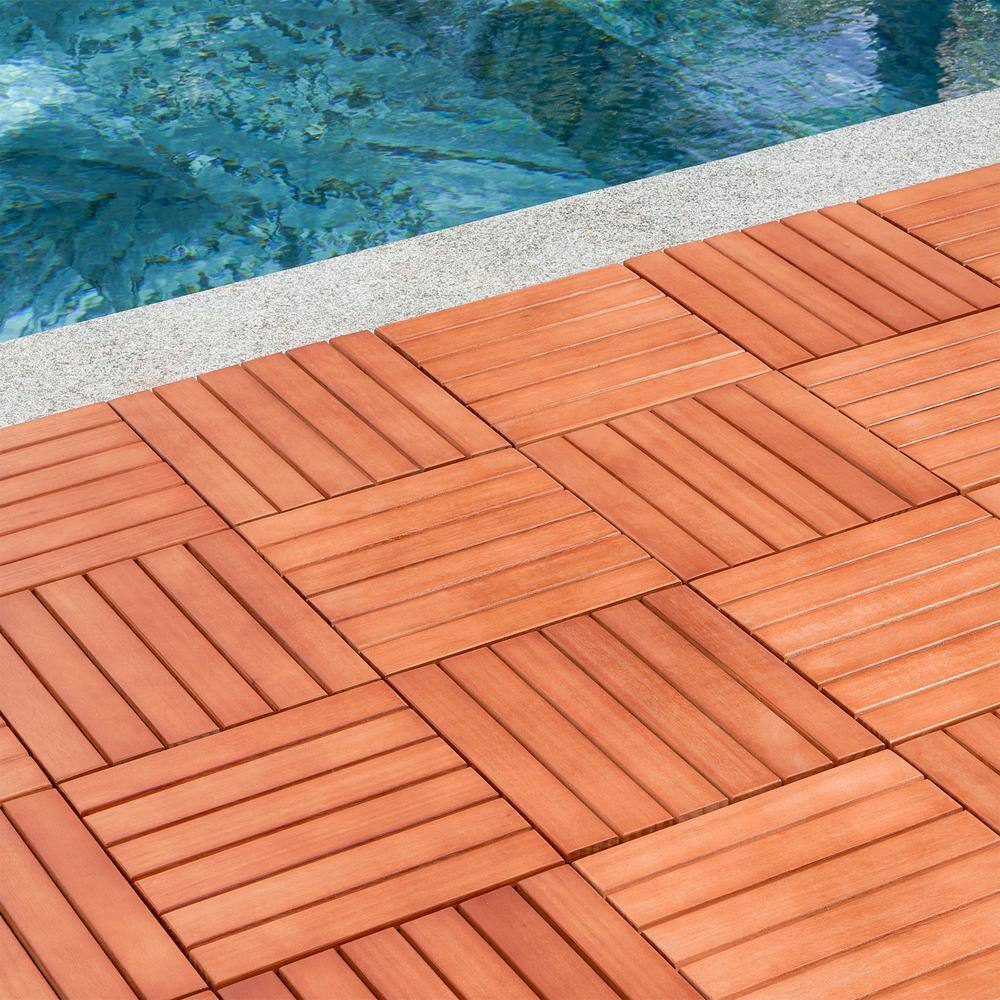 GOGEXX 12 in. x 12 in. Square Eucalyptus Stripe Interlocking Flooring Garage Wooden Deck Tiles Reddish Brown Patio(Set of 10)