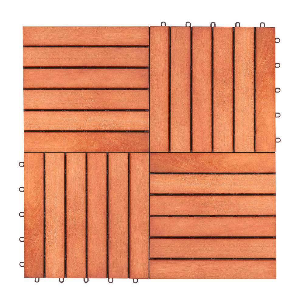 GOGEXX 12 in. x 12 in. Square Eucalyptus Stripe Interlocking Flooring Garage Wooden Deck Tiles Reddish Brown Patio(Set of 10)