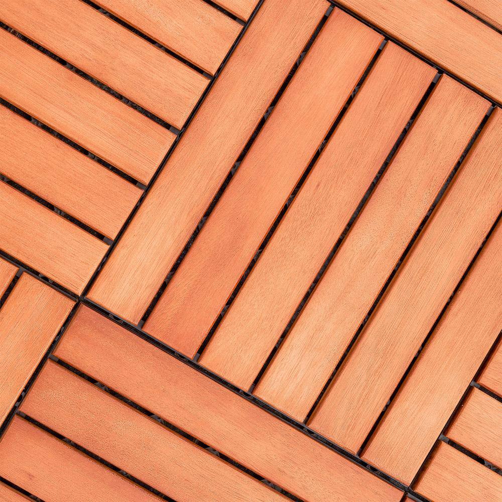 GOGEXX 12 in. x 12 in. Square Eucalyptus Stripe Interlocking Flooring Garage Wooden Deck Tiles Reddish Brown Patio(Set of 10)