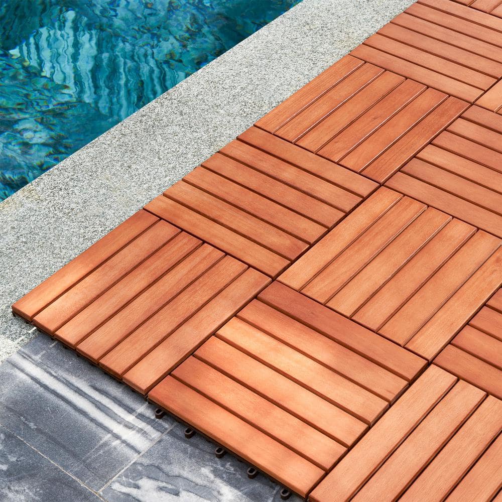 GOGEXX 12 in. x 12 in. Square Eucalyptus Stripe Interlocking Flooring Garage Wooden Deck Tiles Reddish Brown Patio(Set of 10)