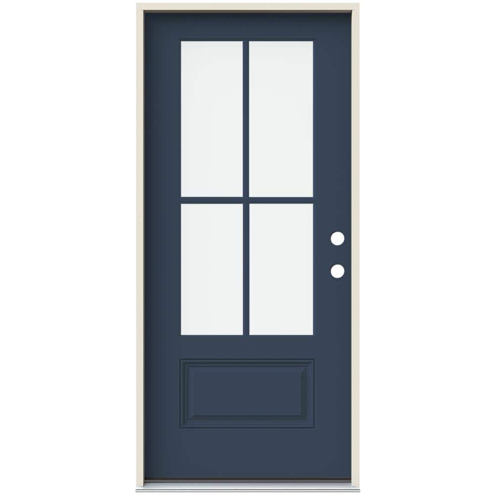JELD-WEN 36 in. x 80 in. Left-Hand 4 Lite Clear Glass Revival Blue Painted Fiberglass Prehung Front Door with Brickmould