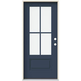 JELD-WEN 36 in. x 80 in. Left-Hand 4 Lite Clear Glass Revival Blue Painted Fiberglass Prehung Front Door with Brickmould