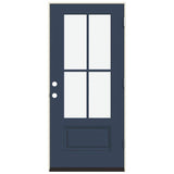 JELD-WEN 36 in. x 80 in. Left-Hand 4 Lite Clear Glass Revival Blue Painted Fiberglass Prehung Front Door with Brickmould