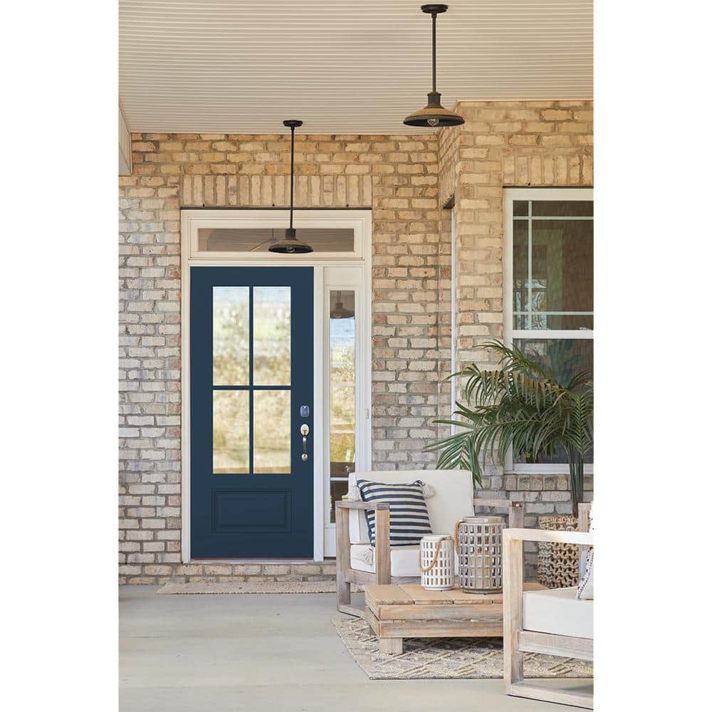 JELD-WEN 36 in. x 80 in. Left-Hand 4 Lite Clear Glass Revival Blue Painted Fiberglass Prehung Front Door with Brickmould