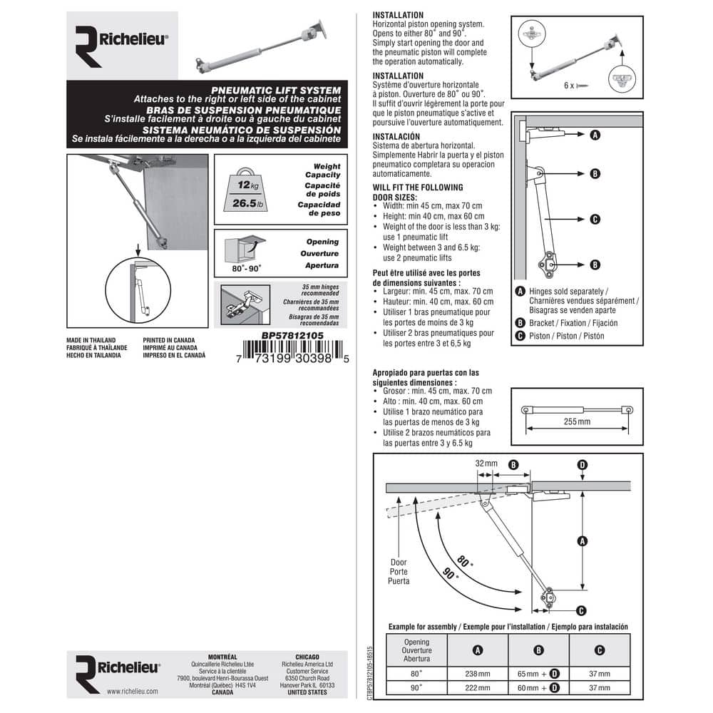 Richelieu Pneumatic Lift System – 12 kg Capacity