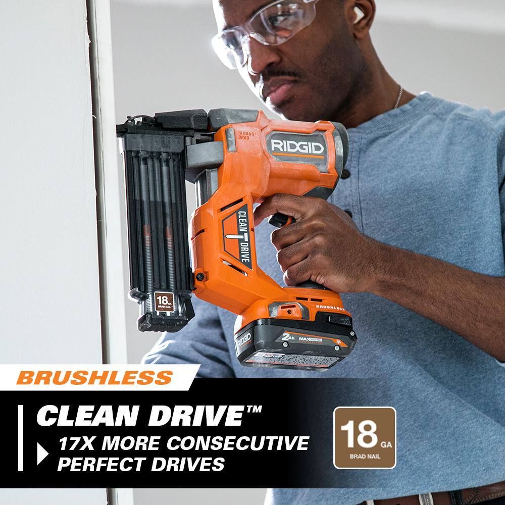 RIDGID 18V Brushless Cordless 18-Gauge 2-1/8 in. Brad Nailer with CLEAN DRIVE Technology with 18V 2.0 Ah Lithium-Ion Battery