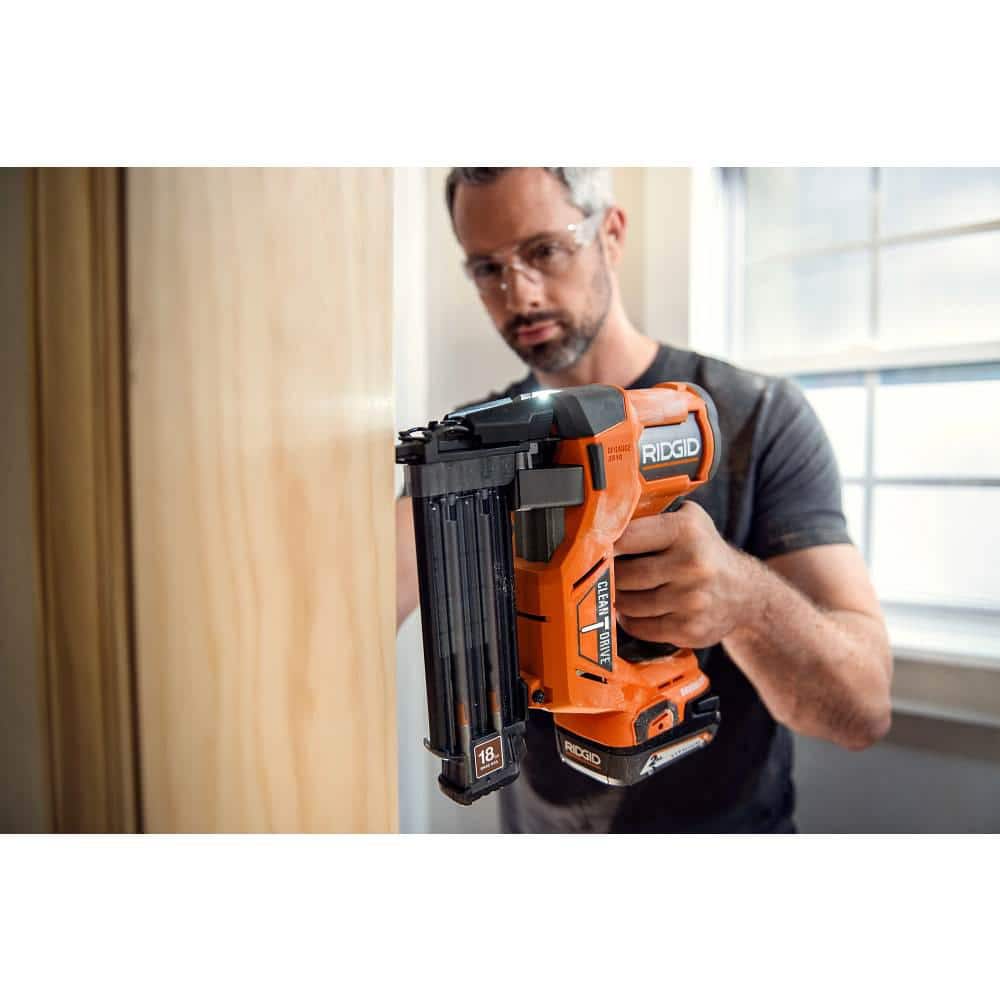 RIDGID 18V Brushless Cordless 18-Gauge 2-1/8 in. Brad Nailer with CLEAN DRIVE Technology with 18V 2.0 Ah Lithium-Ion Battery
