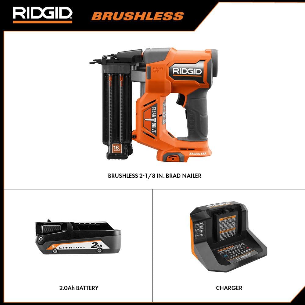 RIDGID 18V Brushless Cordless 18-Gauge 2-1/8 in. Brad Nailer with CLEAN DRIVE Technology with 2.0 Ah Battery and Charger