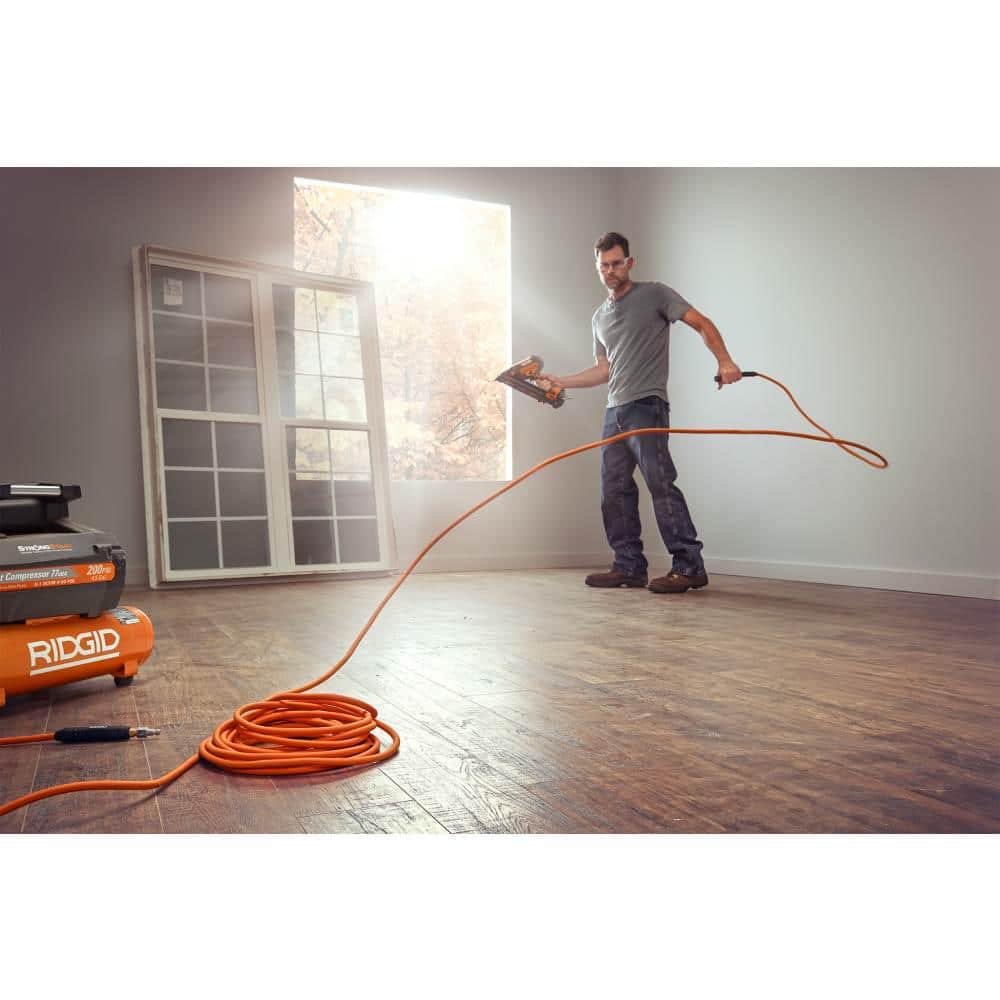 RIDGID Pneumatic 18-Gauge 2-1/8 in. Brad Nailer w/ CLEAN DRIVE Technology, and Tool Bag, with 1/4 in. 50 ft. Lay Flat Air Hose