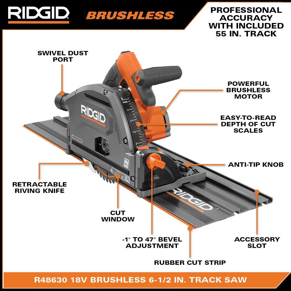 RIDGID 18V Brushless Cordless Track Saw with 18V 6.0 Ah MAX Output Lithium Ion Battery and Rapid Charger