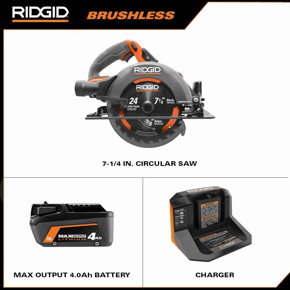 RIDGID 18V Brushless Cordless 7-1/4 in. Circular Saw Kit with 4.0 Ah MAX Output Battery and Charger