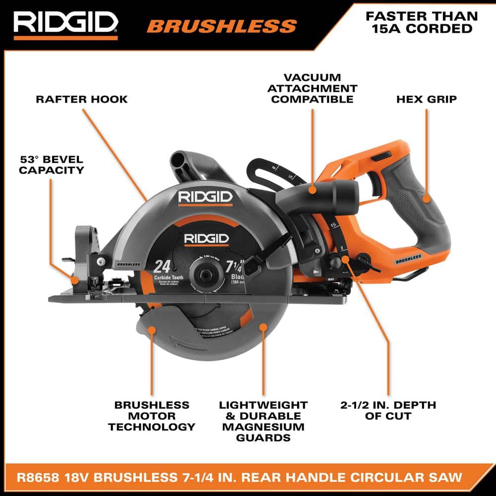 RIDGID 18V Brushless Cordless 7-1/4 in. Rear Handle Circular Saw Kit with 8.0 Ah MAX Output Battery, 18V Charger and Bag