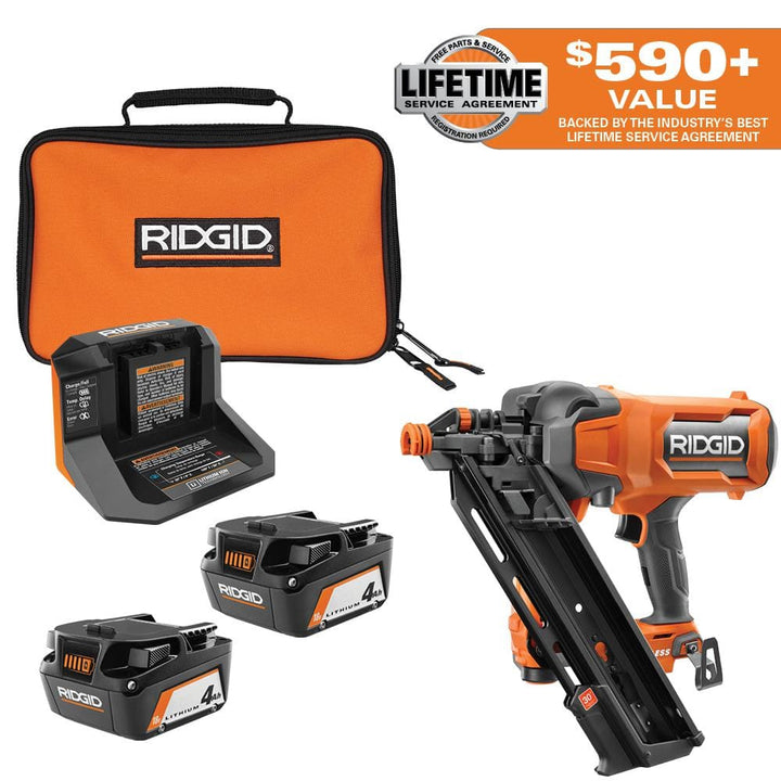 RIDGID 18V (2) 4.0 Ah Batteries and Charger Kit with 18V Brushless Cordless 30° Framing Nailer