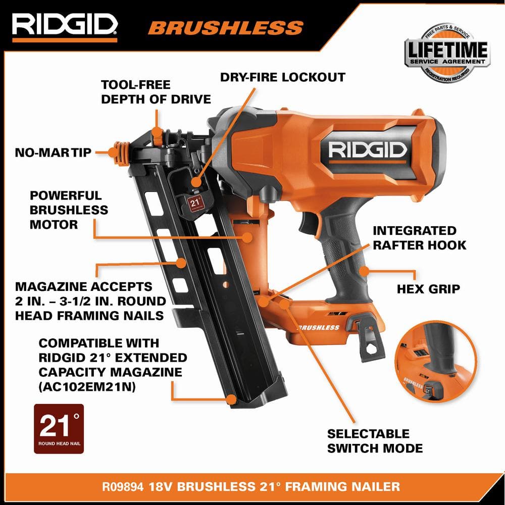 RIDGID 18V Brushless Cordless 21° 3-1/2 in. Framing Nailer & 18V Brushless Cordless 18-Gauge 2-1/8 in. Brad Nailer (Tools Only)