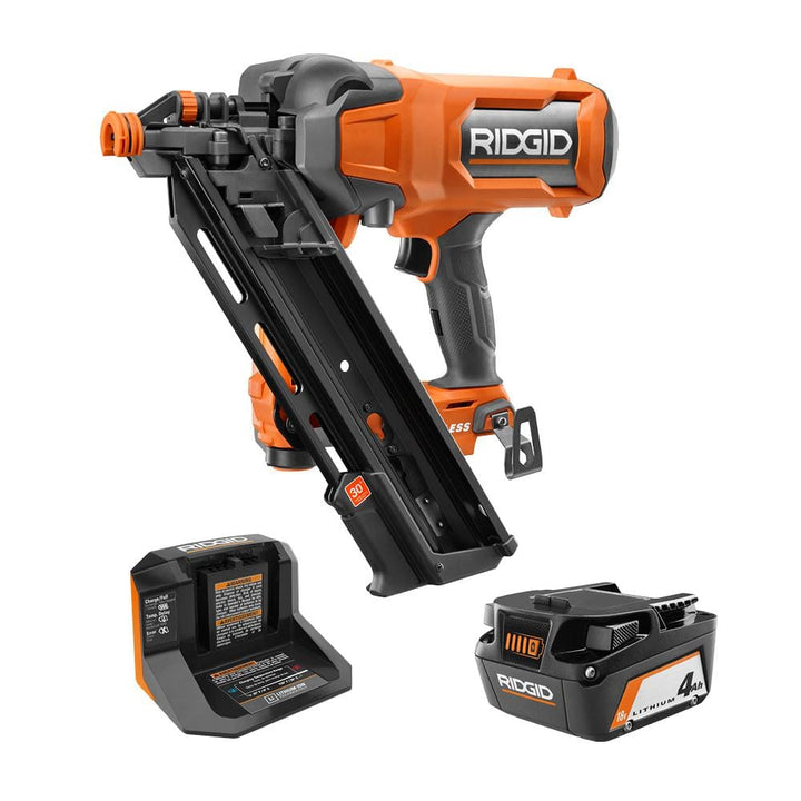 RIDGID 18V Brushless Cordless 30° Framing Nailer Kit w/ 4.0 Ah Battery and Charger with 18V Lithium-Ion 4.0 Ah Battery (2-Pack)
