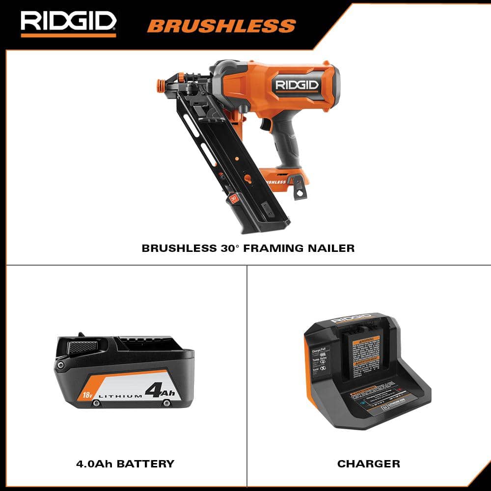 RIDGID 18V Brushless Cordless 30° Framing Nailer Kit w/ 4.0 Ah Battery and Charger with 18V Lithium-Ion 4.0 Ah Battery (2-Pack)