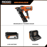 RIDGID 18V Brushless Cordless 30° Framing Nailer Kit w/ 4.0 Ah Battery and Charger with 18V Lithium-Ion 4.0 Ah Battery (2-Pack)