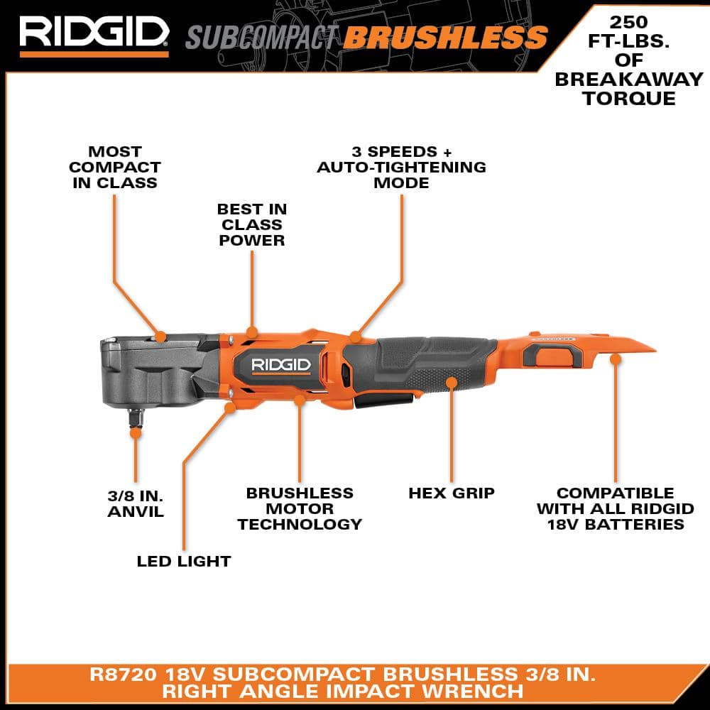 RIDGID 18V Brushless Cordless SubCompact 3/8 in. Right Angle Impact Wrench with Protective Boot (Tool Only)