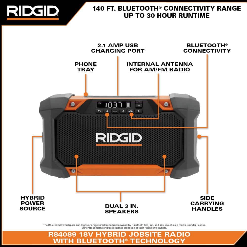 RIDGID 18-Volt Cordless Hybrid Jobsite Radio with Bluetooth Technology + 1.5Ah Lithium-Ion Battery