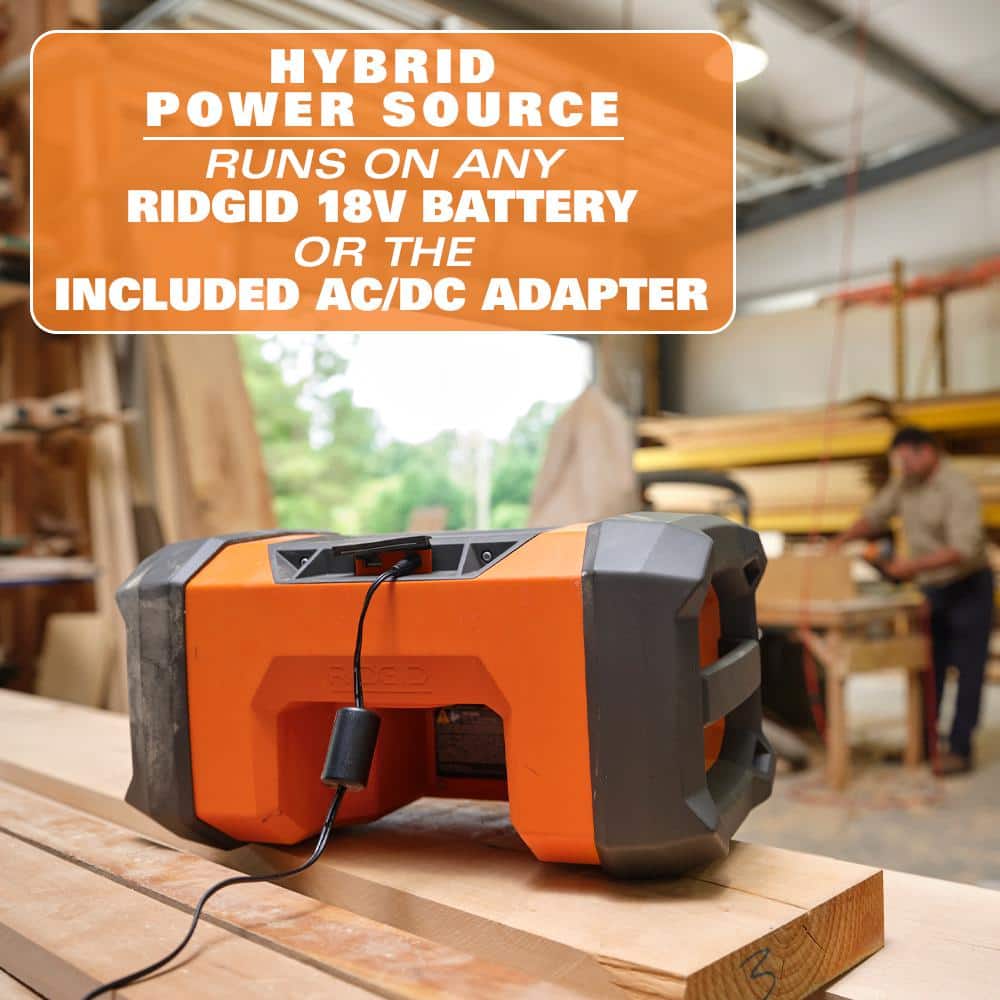 RIDGID 18-Volt Cordless Hybrid Jobsite Radio with Bluetooth Technology + 1.5Ah Lithium-Ion Battery