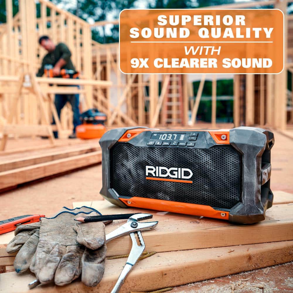 RIDGID 18-Volt Cordless Hybrid Jobsite Radio with Bluetooth Technology + 1.5Ah Lithium-Ion Battery
