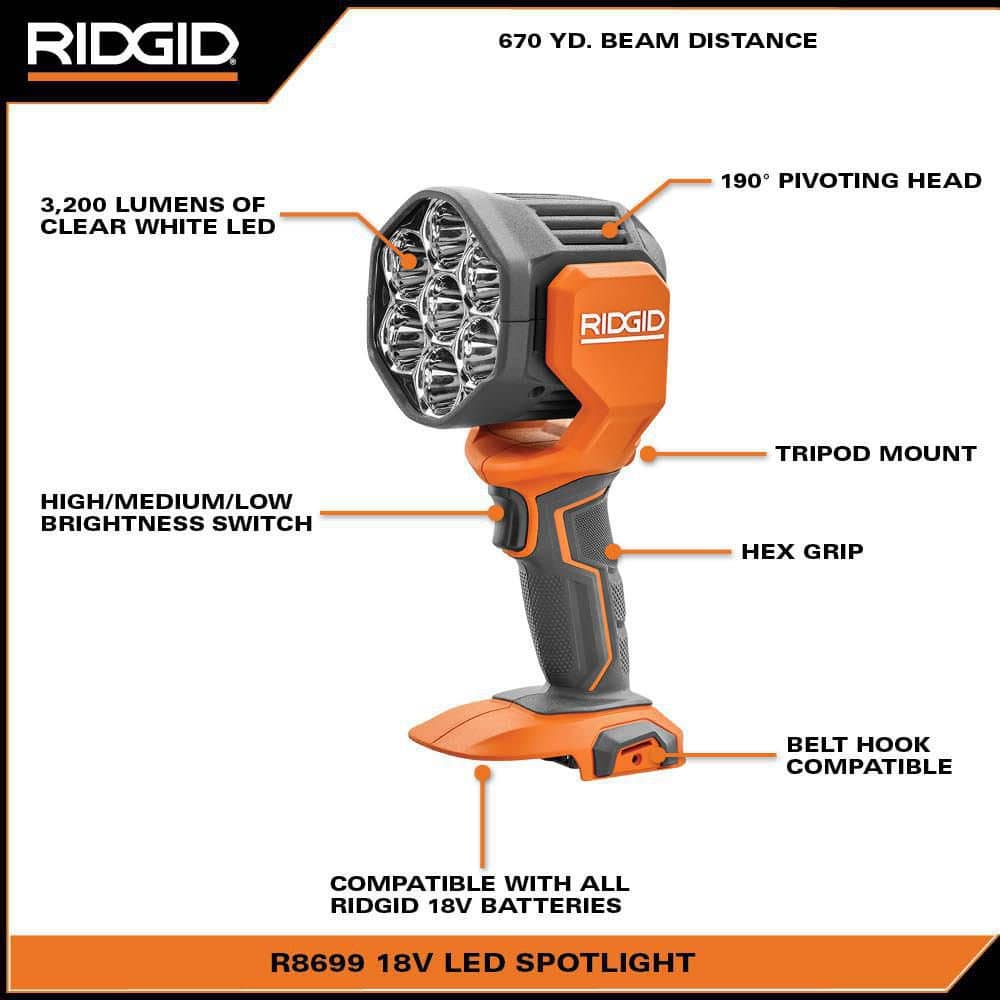 RIDGID 18V Cordless 3-Tool Combo Kit with LED Stick Light, LED Spotlight, and LED Hybrid Panel Light (Tools Only)