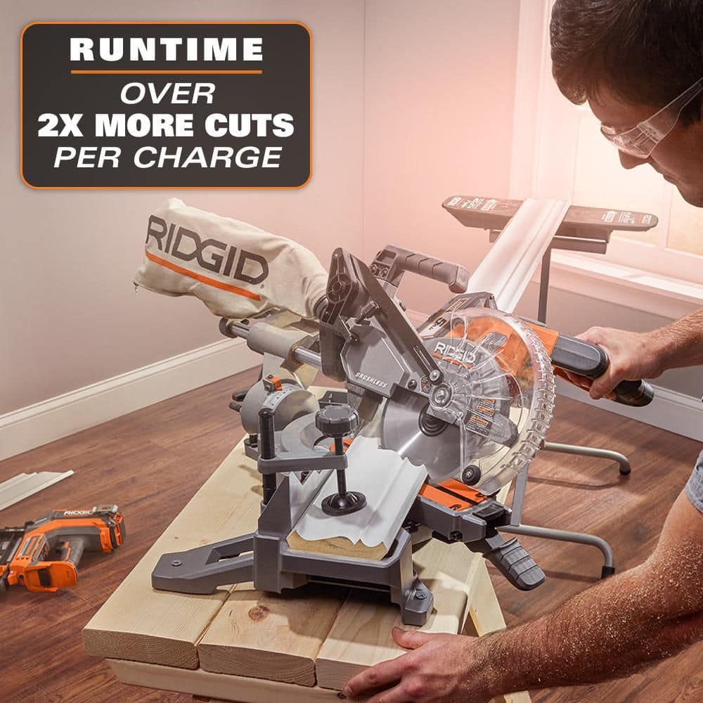 RIDGID 18V Miter Saw with Kit with (2) 4.0 Ah MAX Output Batteries and Charger with 18V Brushless Sliding Miter Saw