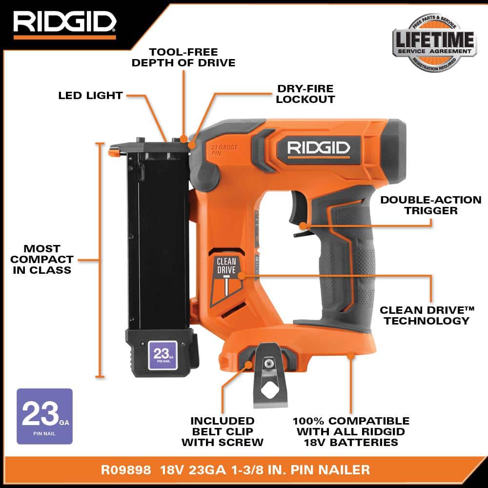 RIDGID 18V Cordless 23 Gauge 1-3/8 in. Headless Pin Nailer Kit with 2.0 Ah Battery and Charger