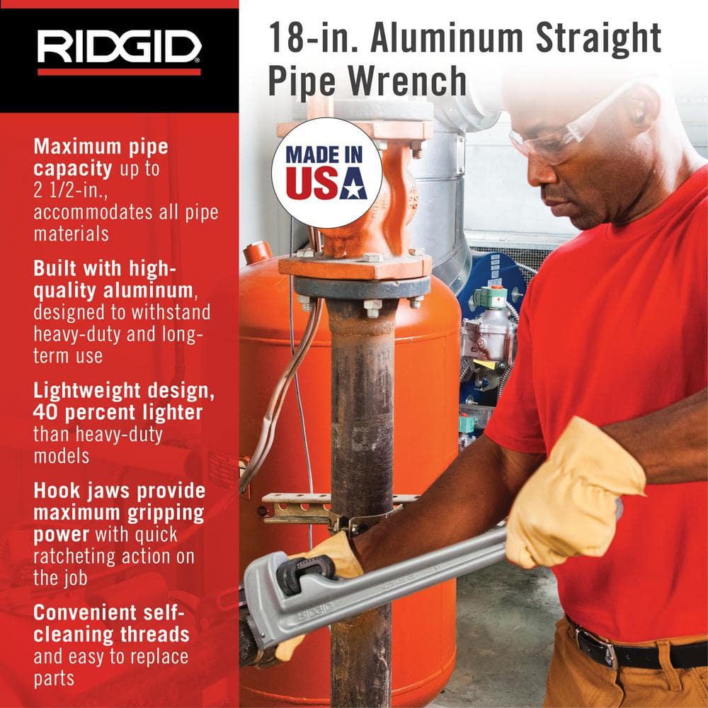 RIDGID 18 in. Aluminum Straight Pipe Wrench, 2-1/2 in. Capacity