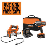 RIDGID 18V Brushless Cordless 2-Tool Combo Kit with High-Torque Impact Wrench, Grease Gun, 4.0 Ah Battery, and Charger