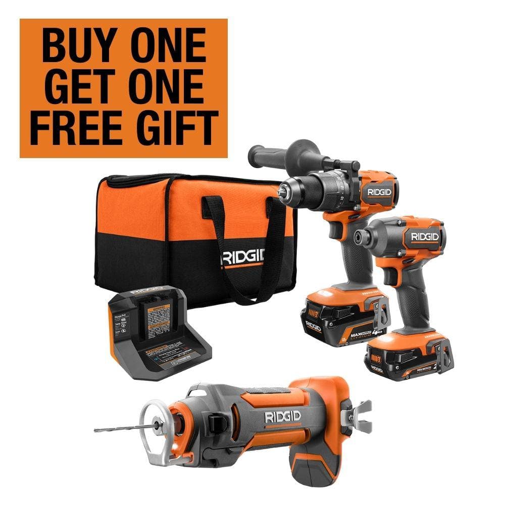 RIDGID 18V Brushless Cordless 2-Tool Combo Kit w/ Hammer Drill, Impact Driver, Batteries, Charger, Bag & Cut Out Tool