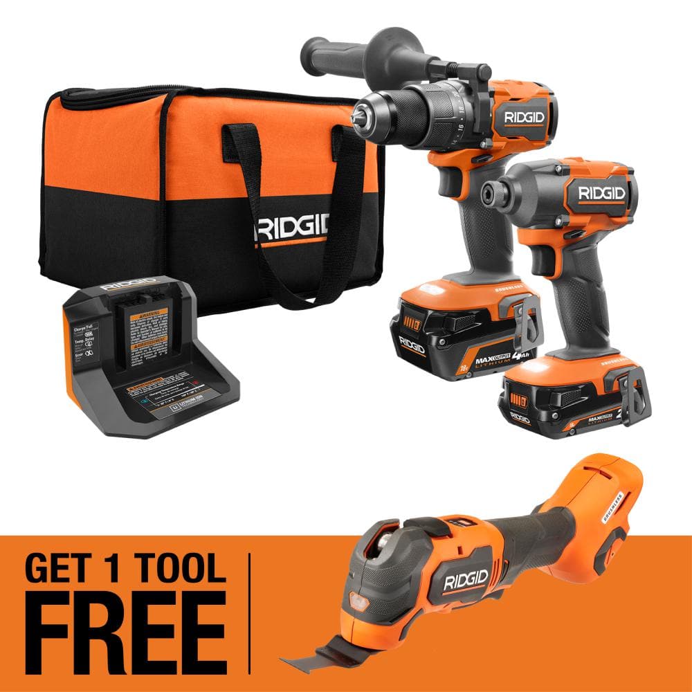 RIDGID 18V Brushless Cordless 2-Tool Combo Kit w/ (2) Batteries, Charger, Bag, & FREE 18V Brushless Multi Tool