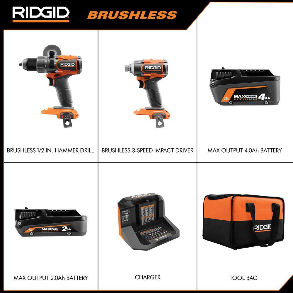 RIDGID 18V Brushless Cordless 2-Tool Combo Kit w/ (2) Batteries, Charger, Bag & FREE Subcompact Brushless 6-1/2 in Circular Saw