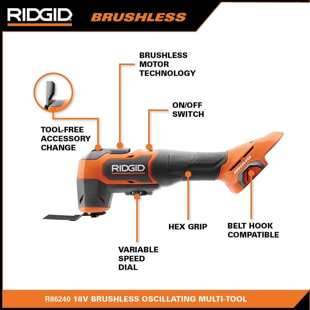 RIDGID 18V Lithium-Ion Brushless 4-Tool Combo Kit with (1) 2.0Ah & (1) 4.0Ah Batteries, Charger, Bag + Free OCTANE Multi-Tool
