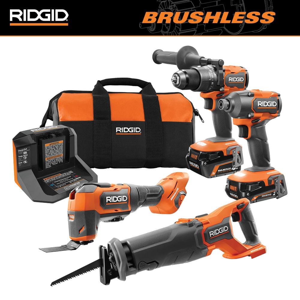 RIDGID 18V Lithium-Ion Brushless 4-Tool Combo Kit with (1) 2.0Ah & (1) 4.0Ah Batteries, Charger, Bag + Free OCTANE Multi-Tool