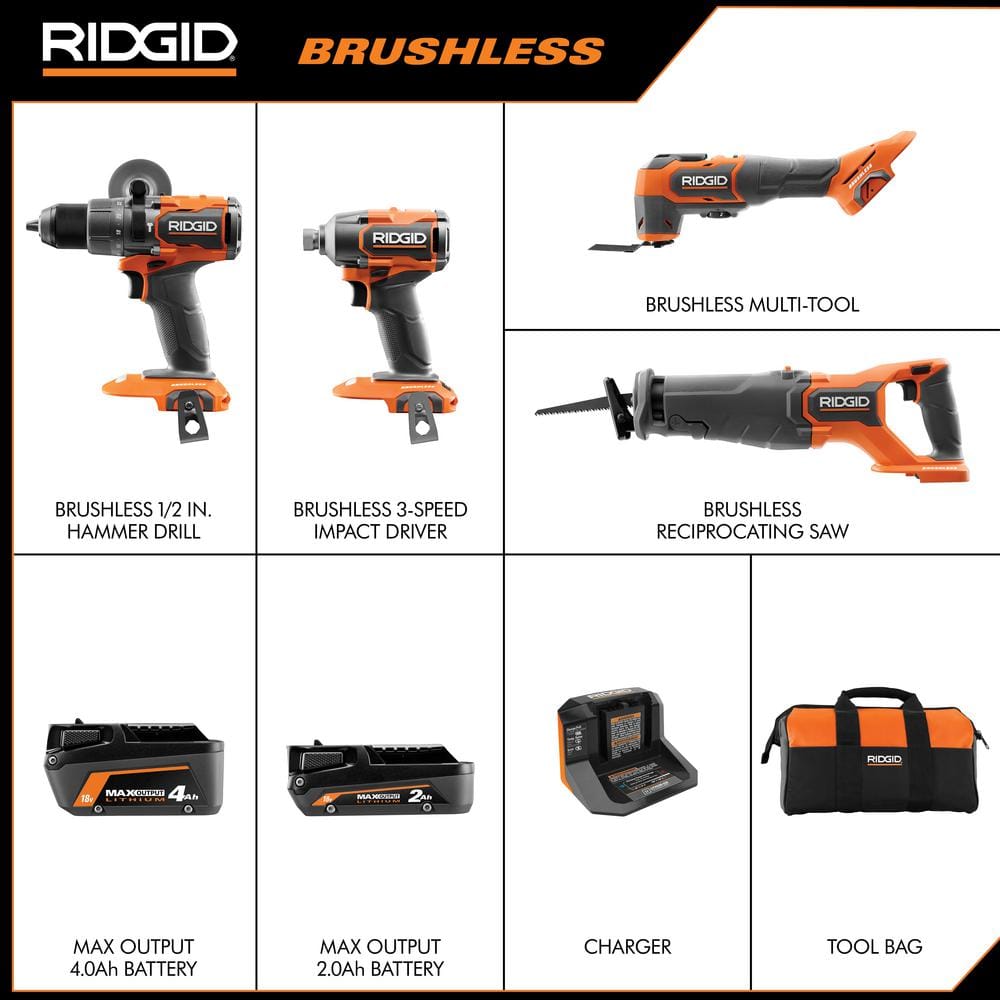 RIDGID 18V Lithium-Ion Brushless 4-Tool Combo Kit with (1) 2.0Ah & (1) 4.0Ah Batteries, Charger, Bag + Free OCTANE Multi-Tool