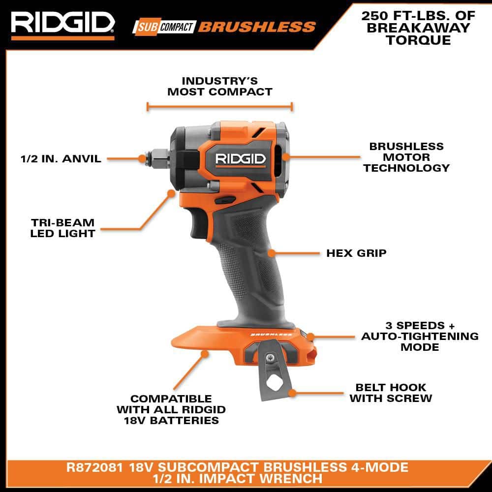 RIDGID 18V SubCompact Brushless 2-Tool Combo Kit with (2) 2.0 Ah Batteries, Charger, Bag + Free 3/8 in. Impact Wrench