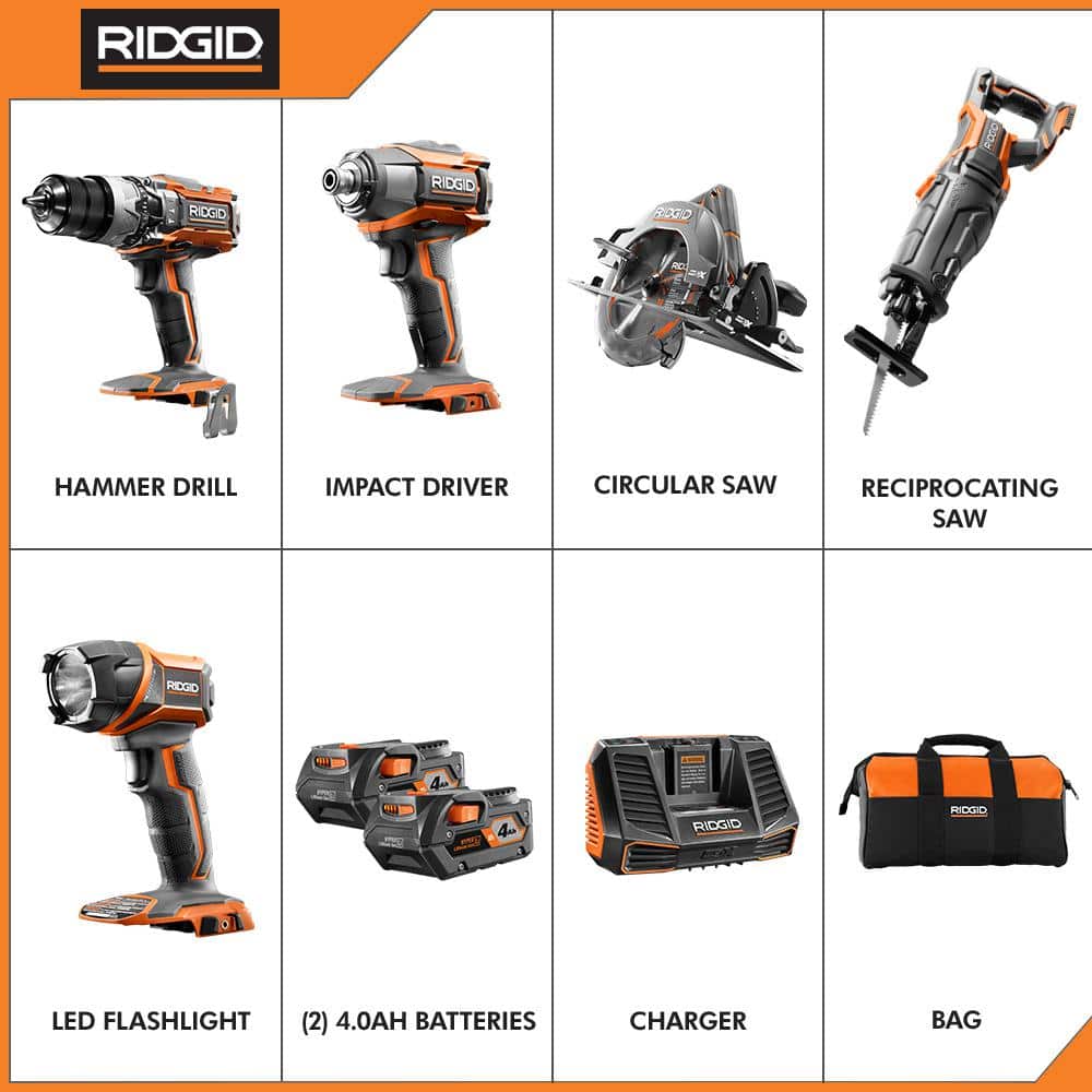 RIDGID 18V Lithium‑Ion Cordless 5‑Tool Combo Kit with (2) 4.0 Ah Batteries, 18V Charger and Contractor's Bag