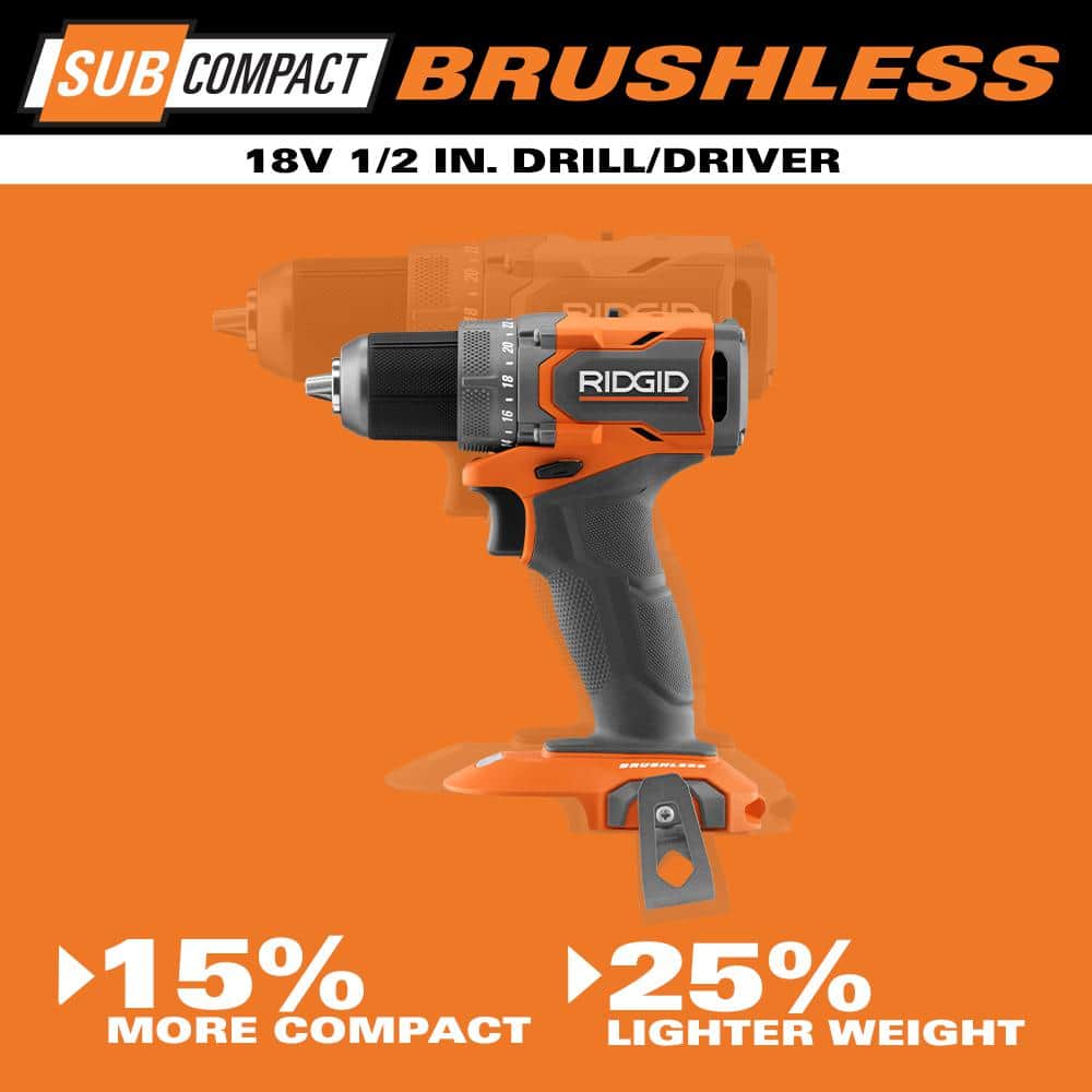 RIDGID 18V SubCompact Brushless 2-Tool Combo Kit with Drill/Driver, Impact Driver, (2) 2.0 Ah Batteries, Charger, Tool Bag + (2) Free 2.0 Ah Batteries