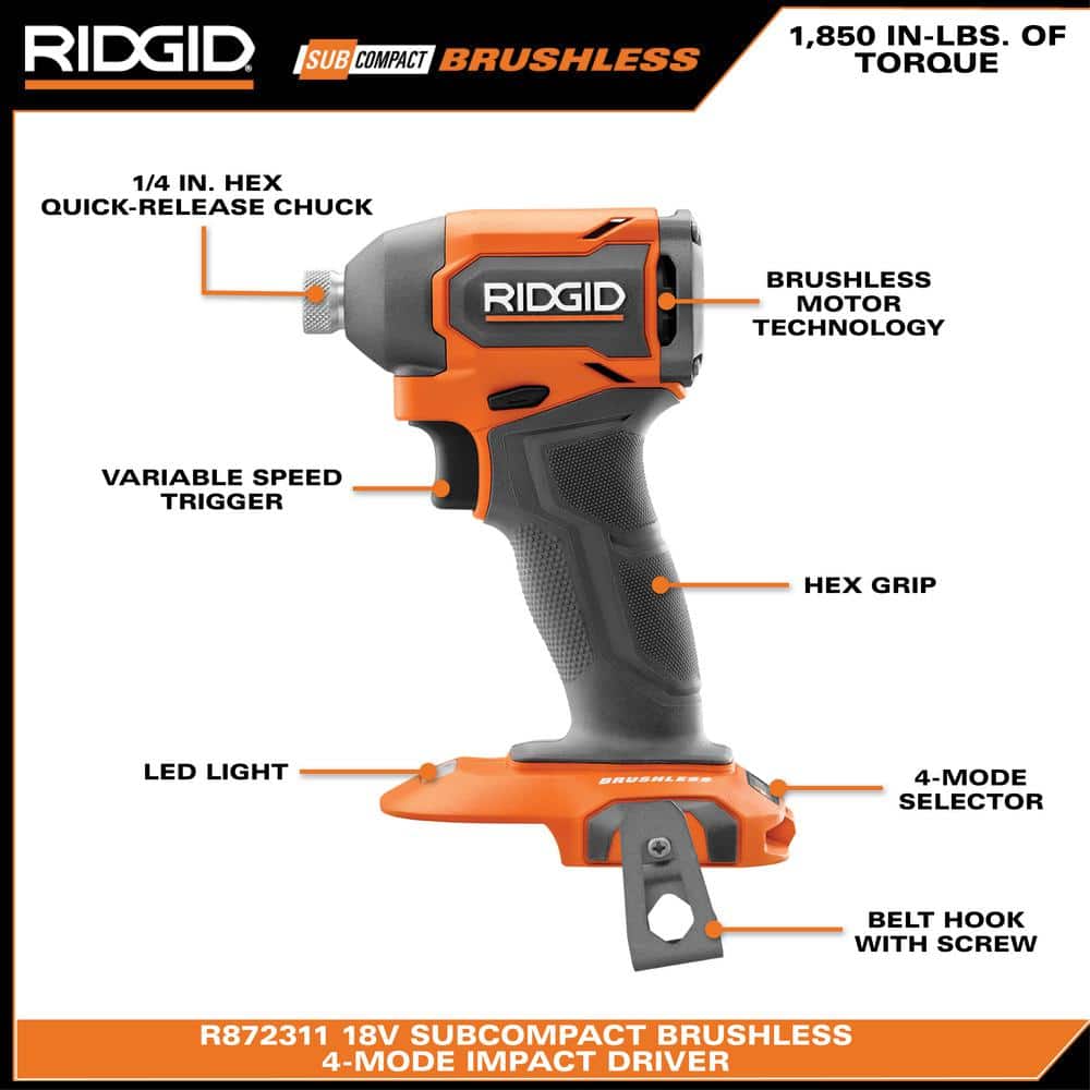 RIDGID 18V SubCompact Brushless 2-Tool Combo Kit with Drill/Driver, Impact Driver, (2) 2.0 Ah Batteries, Charger, Tool Bag + (2) Free 2.0 Ah Batteries