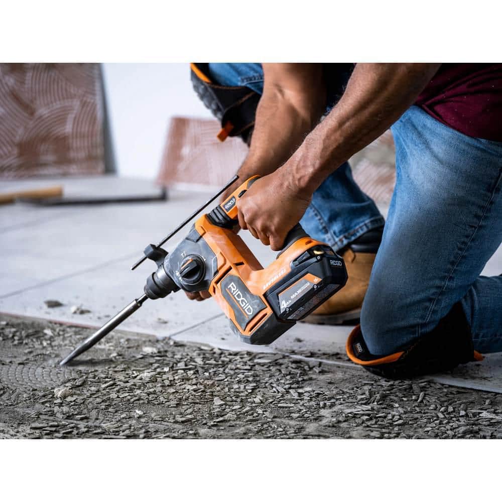 RIDGID 18V Brushless Cordless 1 in. SDS-Plus Rotary Hammer with 18V Lithium-Ion 4.0 Ah Battery