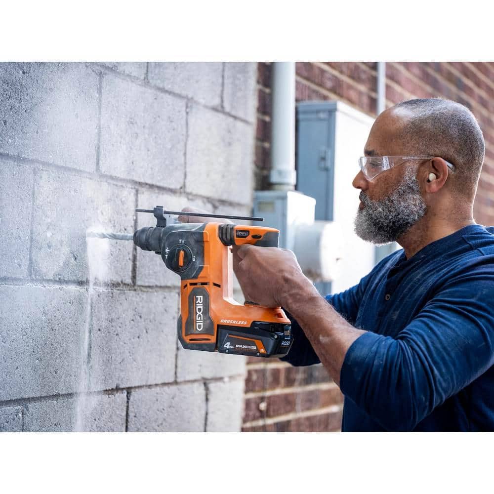 RIDGID 18V Brushless Cordless 1 in. SDS-Plus Rotary Hammer with 18V Lithium-Ion 4.0 Ah Battery