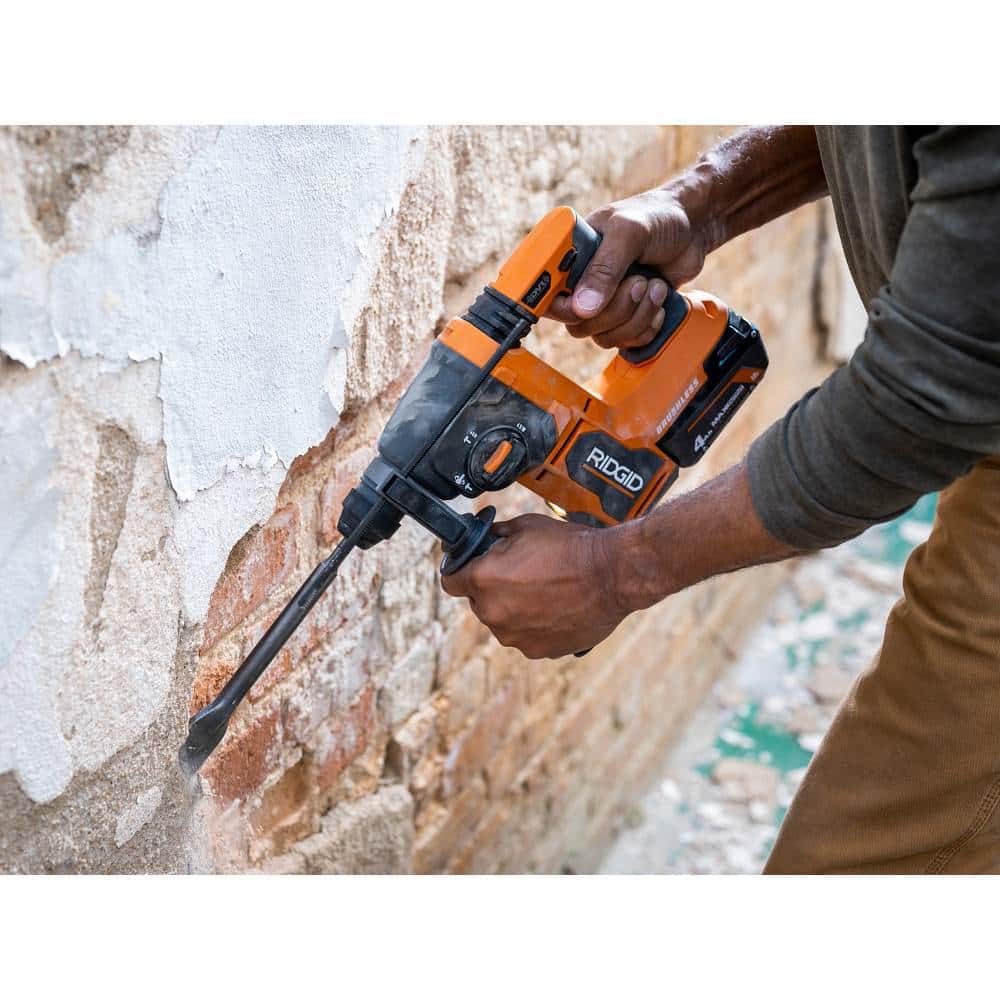 RIDGID 18V Brushless Cordless 1 in. SDS-Plus Rotary Hammer with 18V Lithium-Ion 4.0 Ah Battery