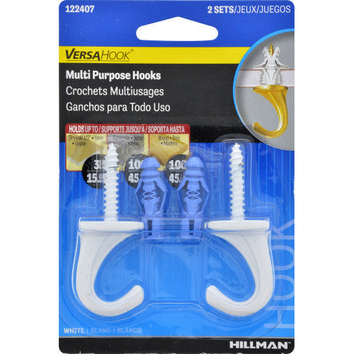 Hillman VersaHook Small White Brass Multi-Purpose Ceiling Hooks, 5.7 in L, 35 lb Drywall / 75 lb Wood, 2-Pack