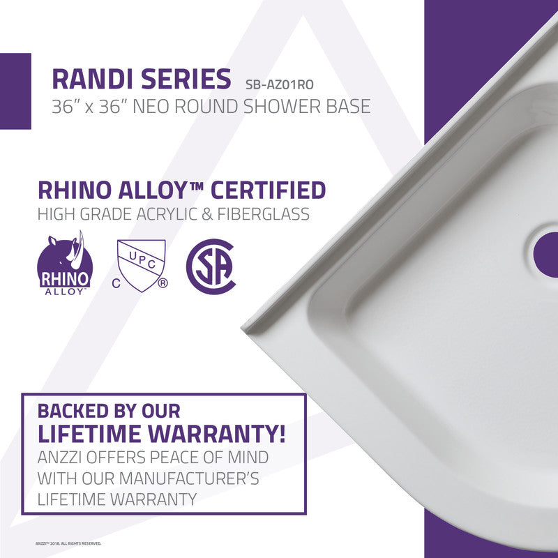 ANZZI Randi 36 in. x 36 in. Neo-Round Double Threshold Shower Base, Gloss White, Center Drain